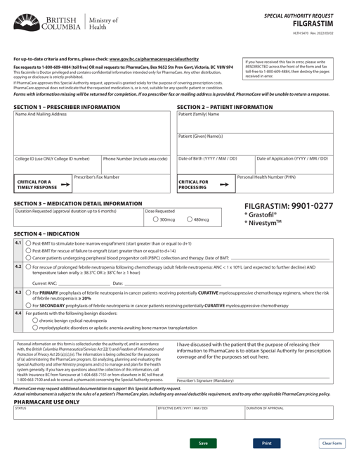 Form HLTH5470 Special Authority Request - Filgrastim - British Columbia, Canada