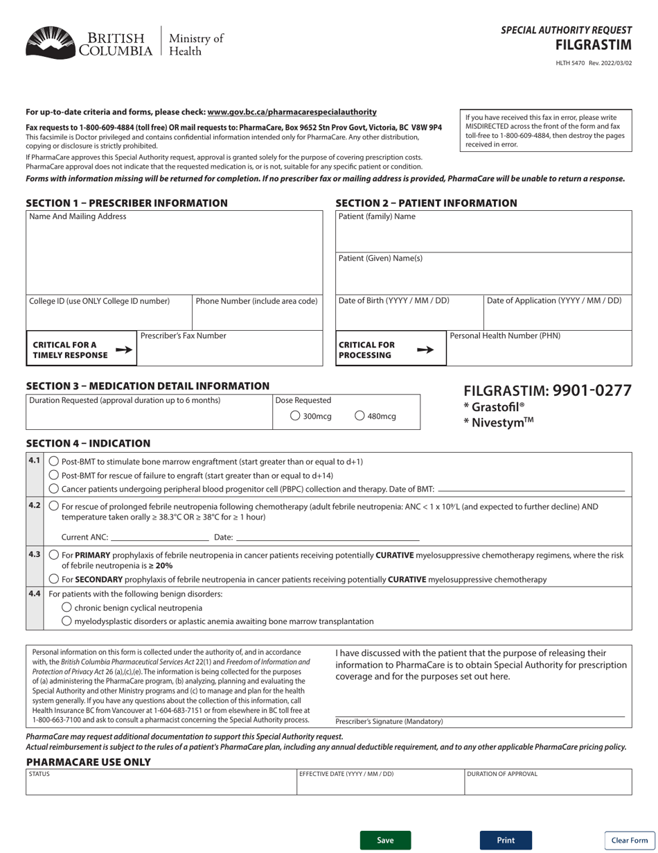 Form HLTH5470 Special Authority Request - Filgrastim - British Columbia, Canada, Page 1
