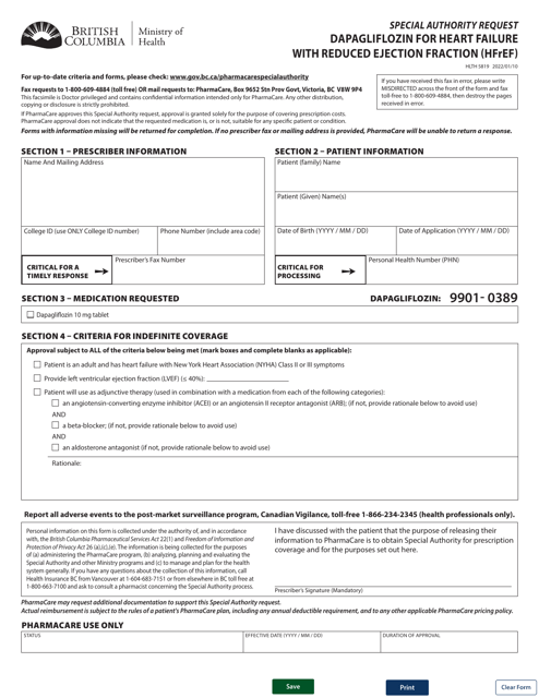 Form HLTH5819 Special Authority Request - Dapagliflozin for Heart Failure With Reduced Ejection Fraction (Hfref) - British Columbia, Canada