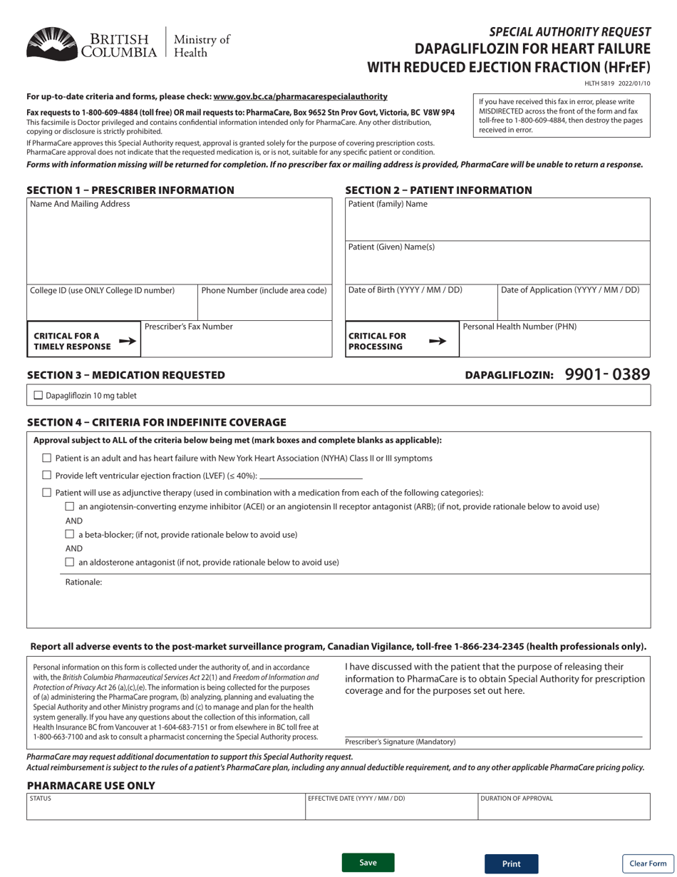 Form HLTH5819 Special Authority Request - Dapagliflozin for Heart Failure With Reduced Ejection Fraction (Hfref) - British Columbia, Canada, Page 1