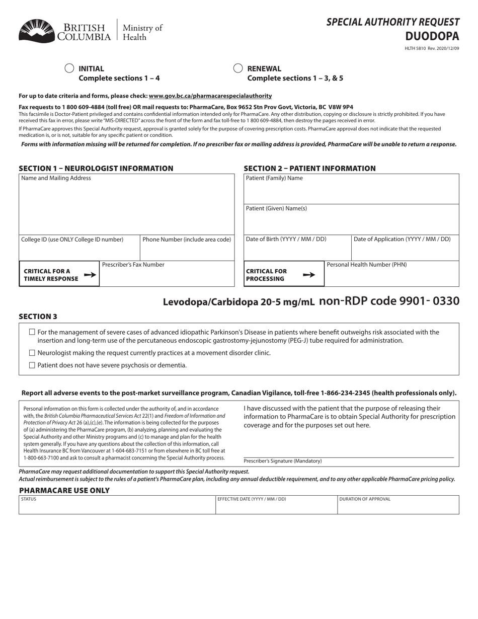 Form HLTH5810 Special Authority Request - Duodopa - British Columbia, Canada, Page 1
