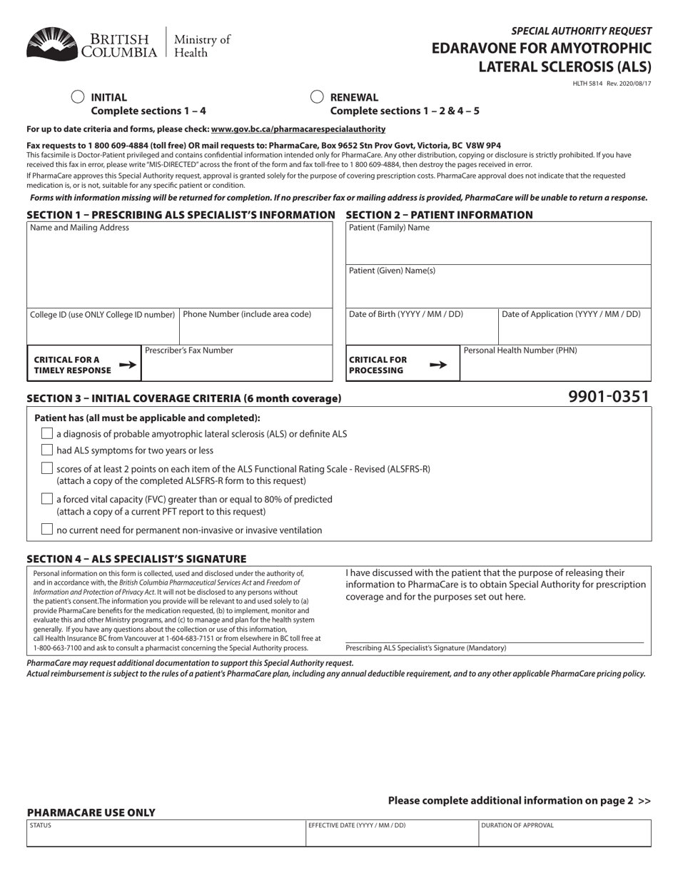 Form HLTH5814 Special Authority Request - Edaravone for Amyotrophic Lateral Sclerosis (Als) - British Columbia, Canada, Page 1