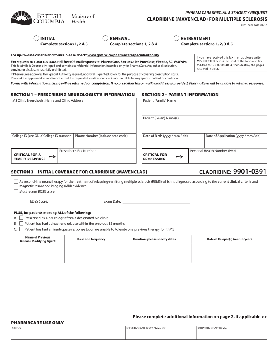 Form HLTH5820 Pharmacare Special Authority Request - Cladribine (Mavenclad) for Multiple Sclerosis - British Columbia, Canada, Page 1