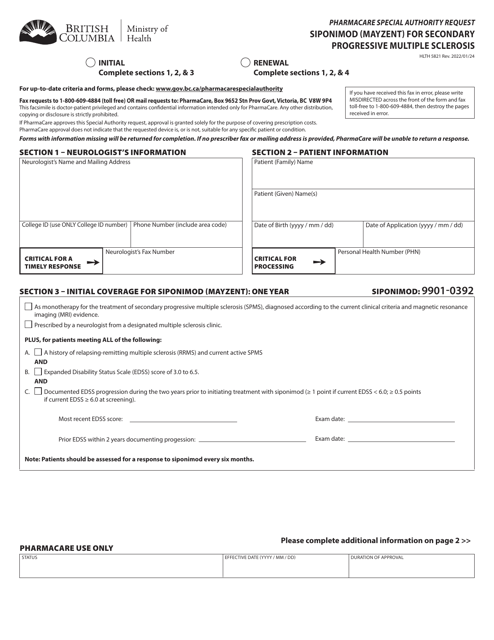 Form HLTH5821 Pharmacare Special Authority Request - Siponimod (Mayzent) for Secondary Progressive Multiple Sclerosis - British Columbia, Canada