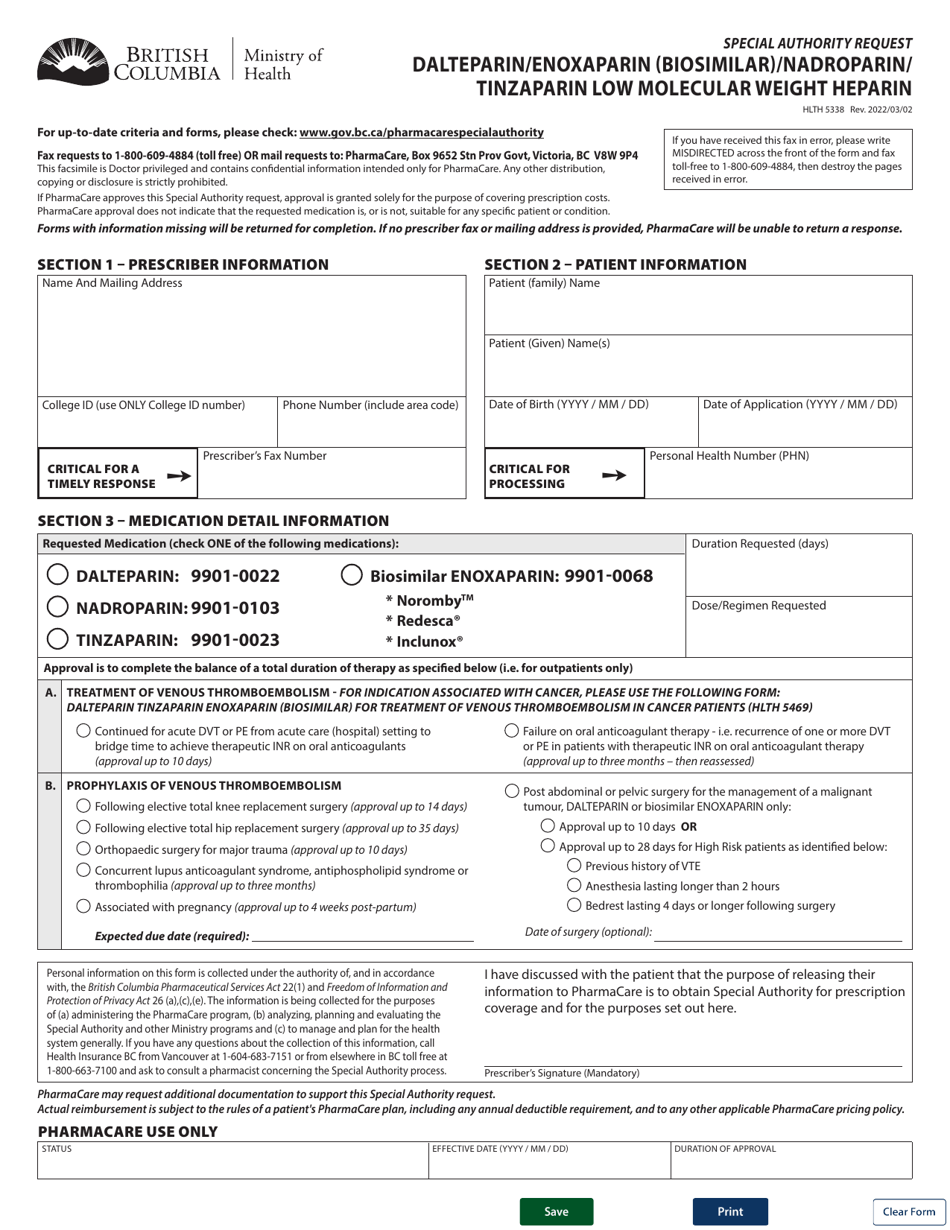 Form HLTH5338 Special Authority Request - Dalteparin/Enoxaparin (Biosimilar)/Nadroparin/Tinzaparin Low Molecular Weight Heparin - British Columbia, Canada, Page 1
