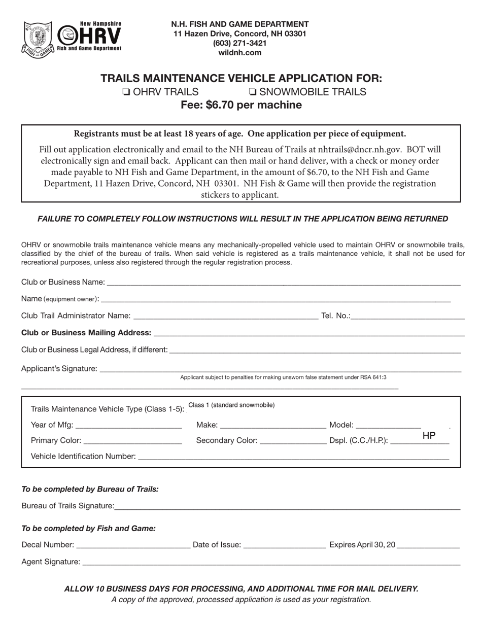 New Hampshire Trails Maintenance Vehicle Application for Ohrv Trails