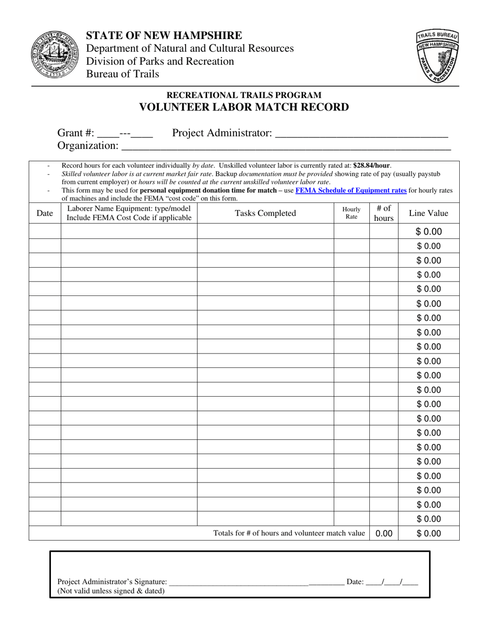Volunteer Labor Match Record - Recreational Trails Program - New Hampshire, Page 1