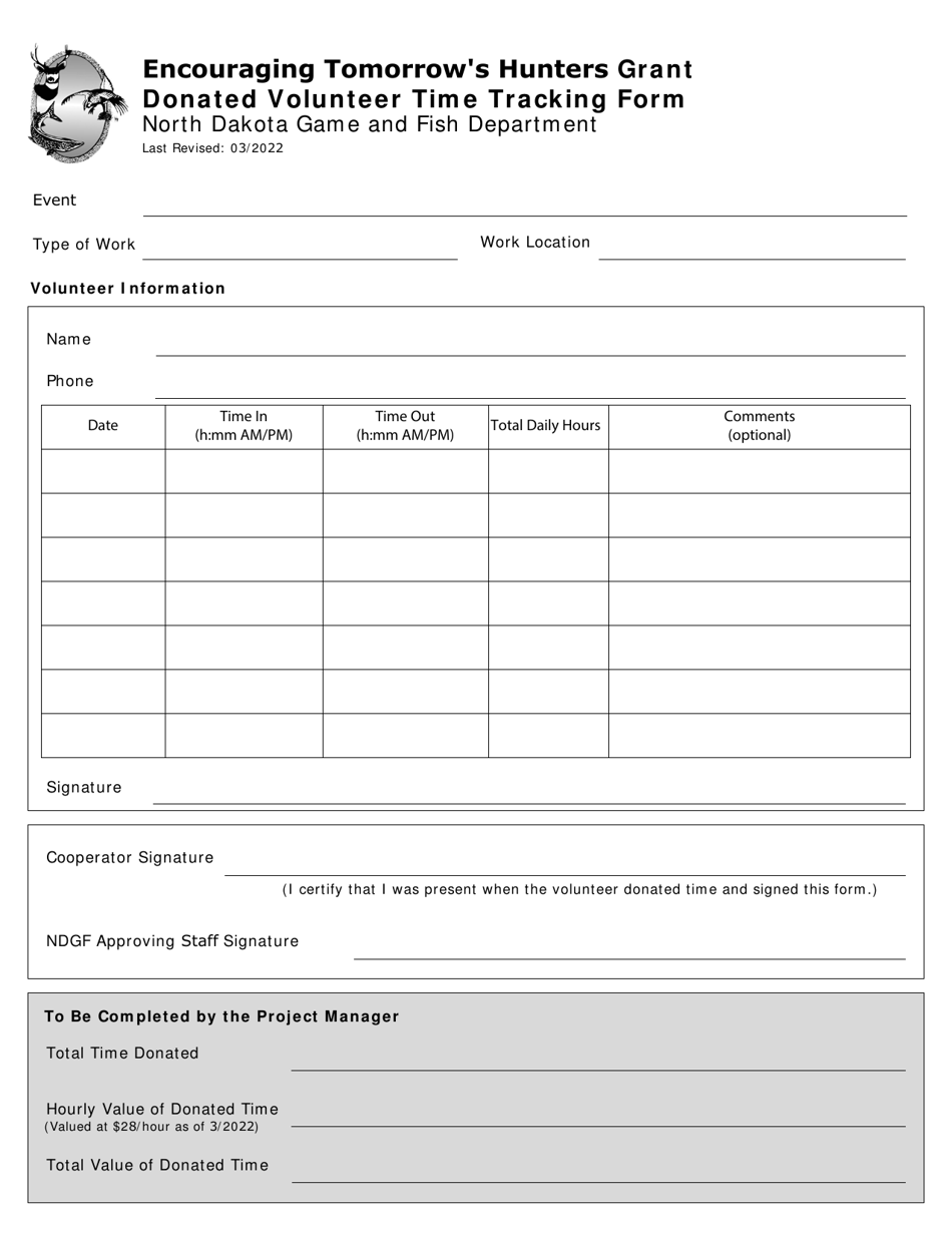 Donated Volunteer Time Tracking Form - Encouraging Tomorrows Hunters Grant - North Dakota, Page 1