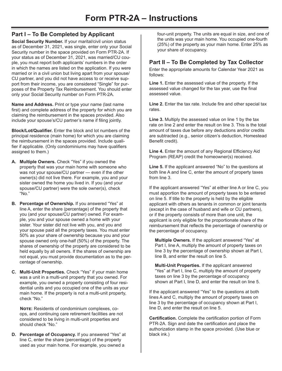 Form PTR-2A Homeowners Verification of Property Taxes - New Jersey, Page 2