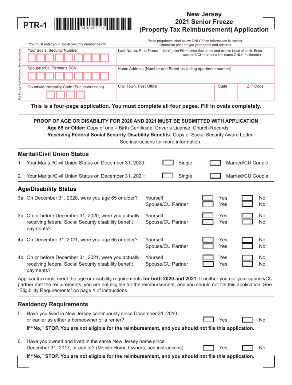 Form PTR1 Download Fillable PDF or Fill Online Senior Freeze (Property