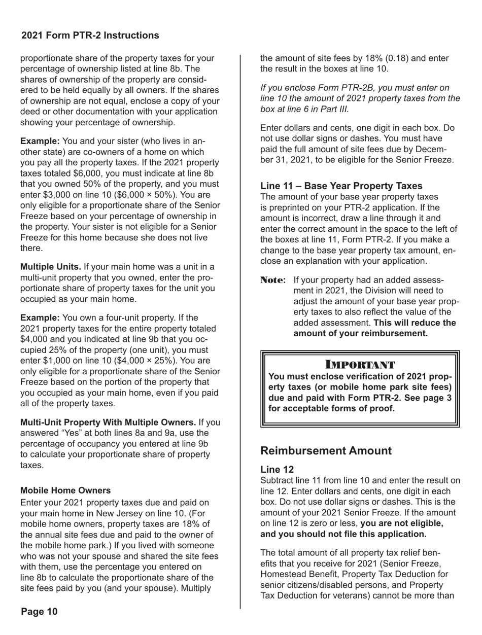 Instructions for Form PTR-2 Senior Freeze (Property Tax Reimbursement) Application - New Jersey, Page 11