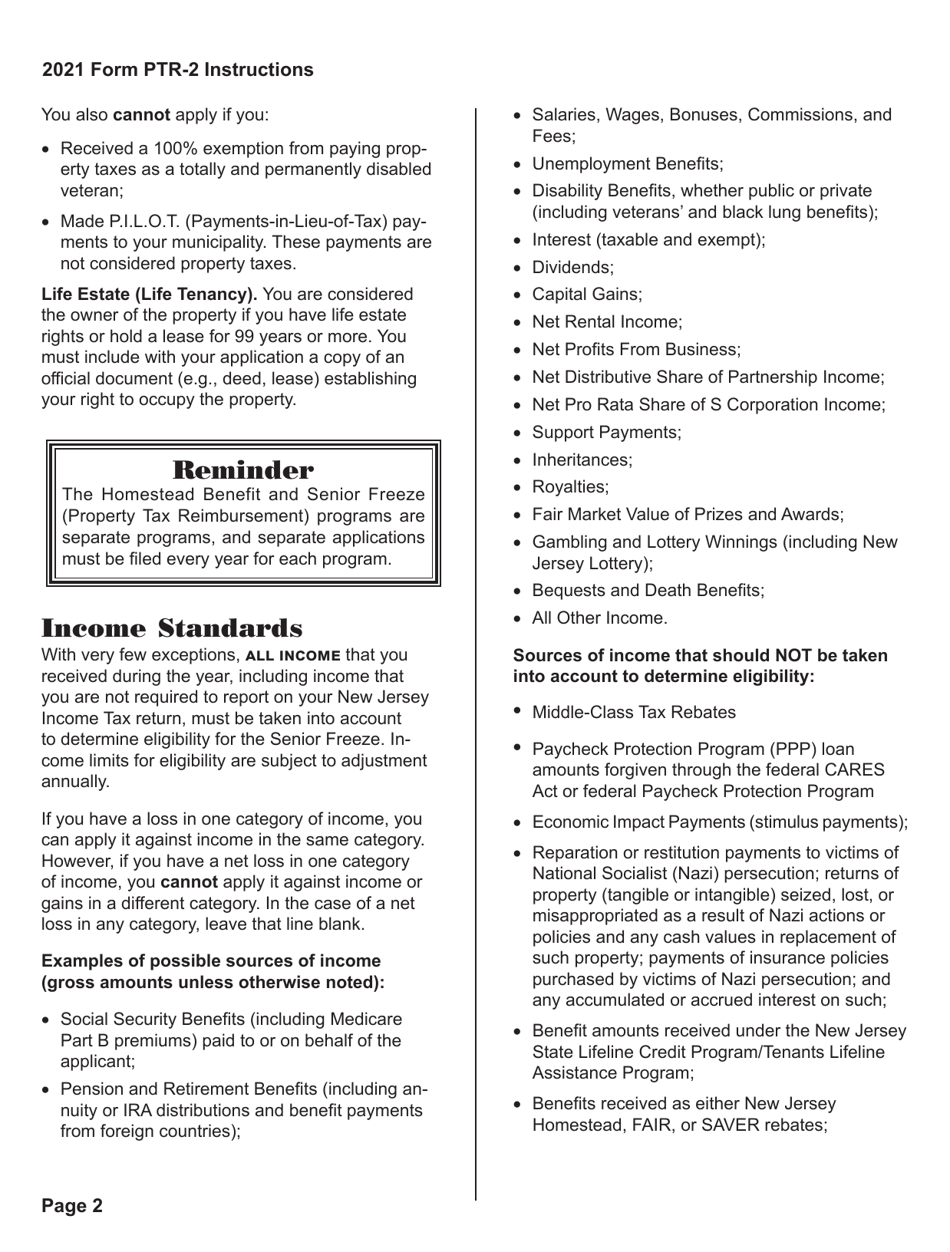 Instructions for Form PTR-2 Senior Freeze (Property Tax Reimbursement) Application - New Jersey, Page 3
