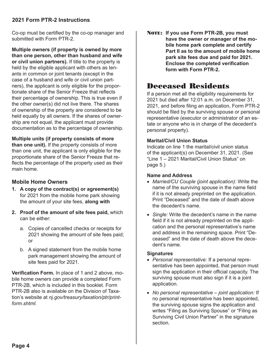 Instructions for Form PTR-2 Senior Freeze (Property Tax Reimbursement) Application - New Jersey, Page 5