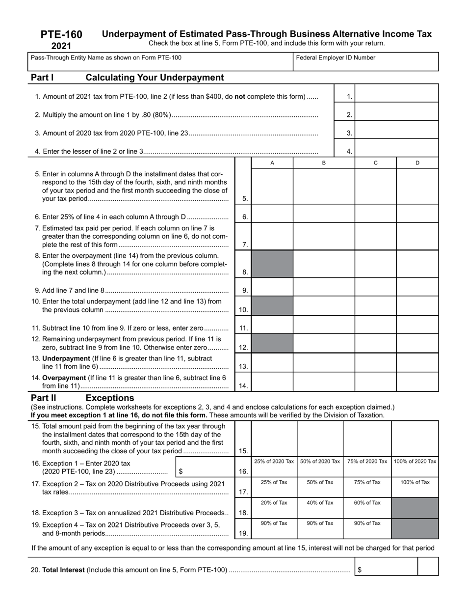 Form PTE-160 Underpayment of Estimated Pass-Through Business Alternative Income Tax - New Jersey, Page 1