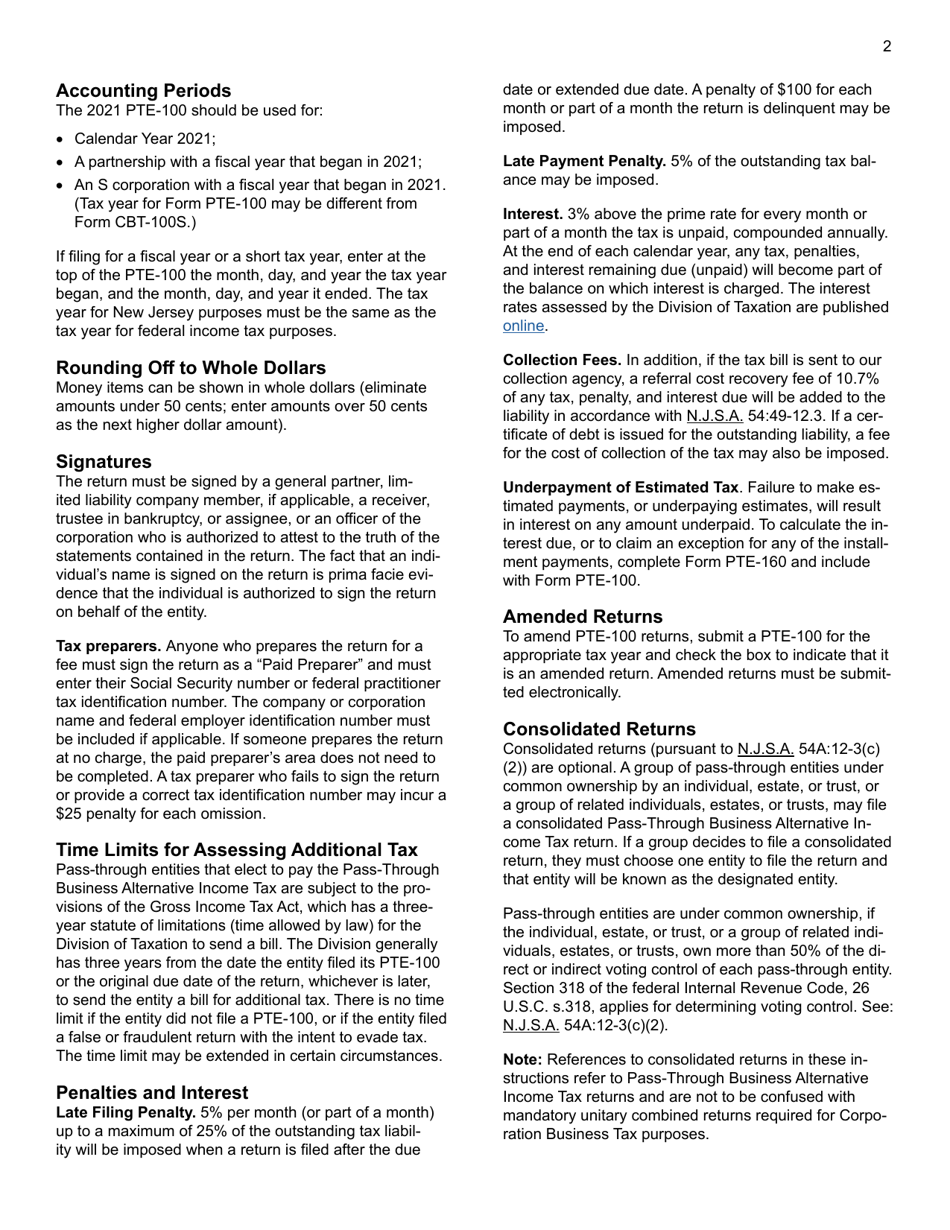Instructions for Form PTE-100 Pass-Through Business Alternative Income Tax Return - New Jersey, Page 2
