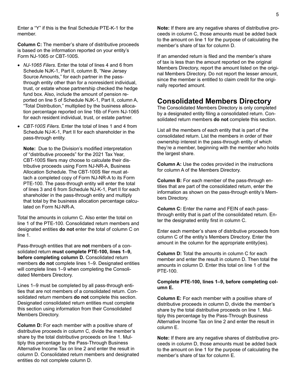 Instructions for Form PTE-100 Pass-Through Business Alternative Income Tax Return - New Jersey, Page 5