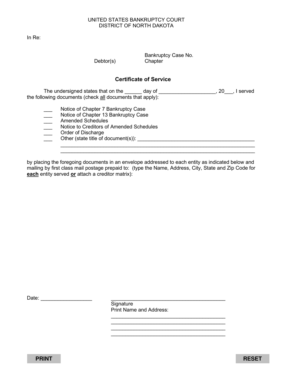 Certificate of Service - North Dakota, Page 1