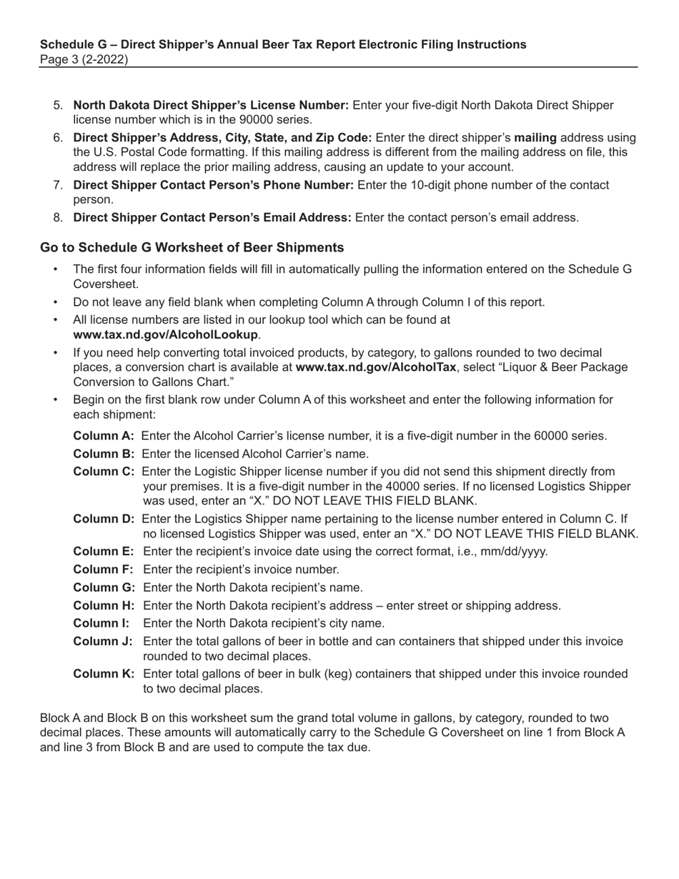 Instructions for Schedule G Direct Shippers Annual Beer Tax Report - North Dakota, Page 3