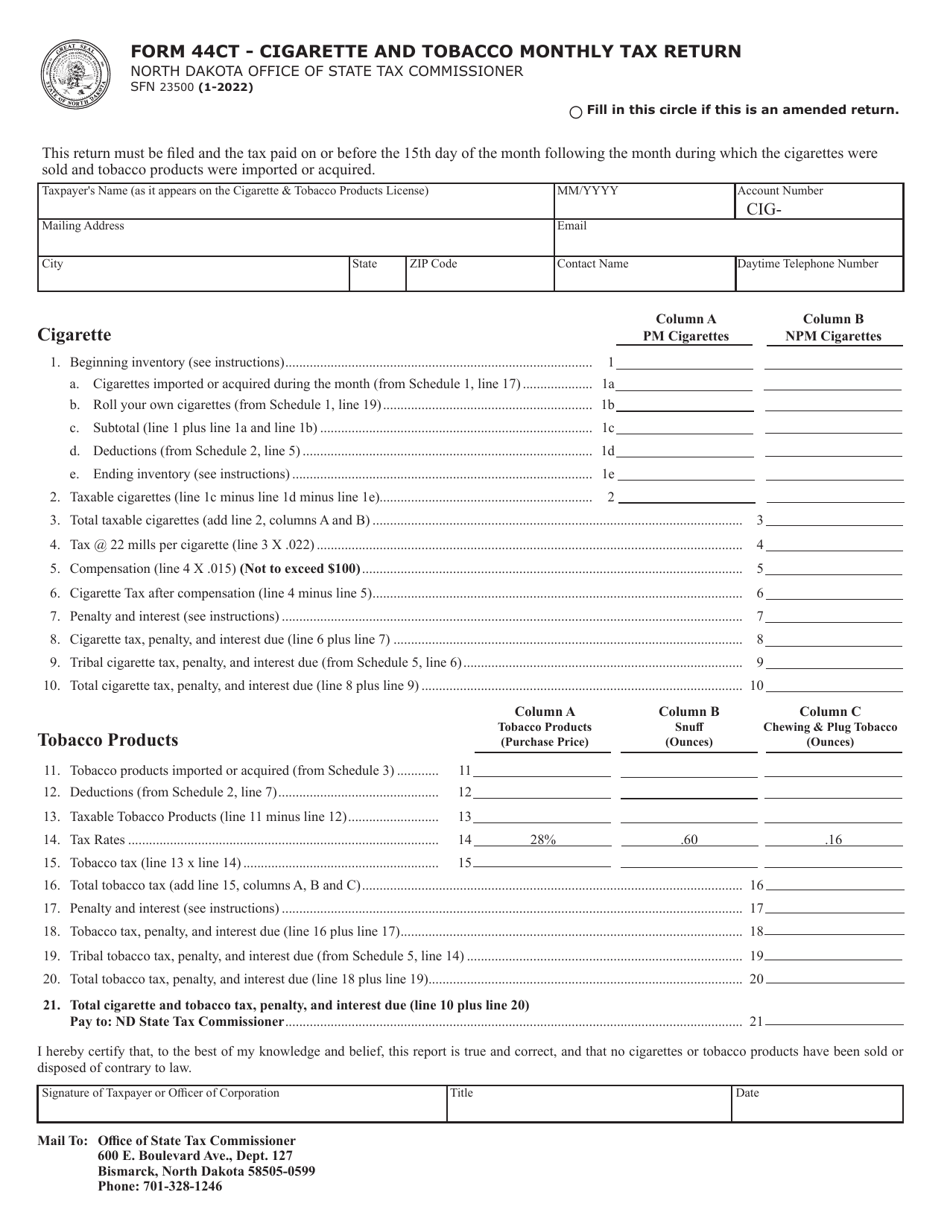 Form 44CT (SFN23500) Cigarette and Tobacco Monthly Tax Return - North Dakota, Page 1
