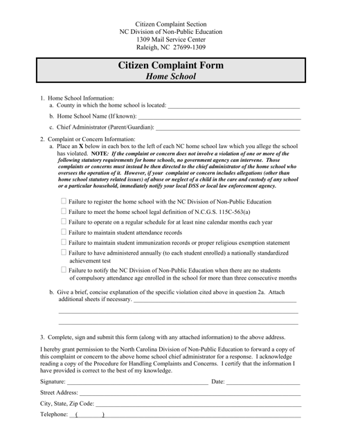 Citizen Complaint Form - Home School - North Carolina Download Pdf