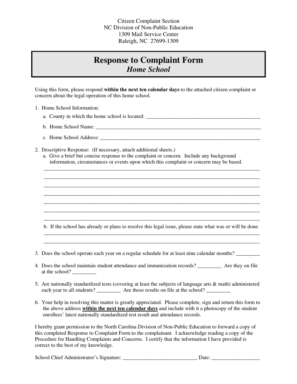 Response to Complaint Form - Home School - North Carolina, Page 1