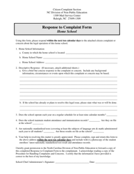 Document preview: Response to Complaint Form - Home School - North Carolina