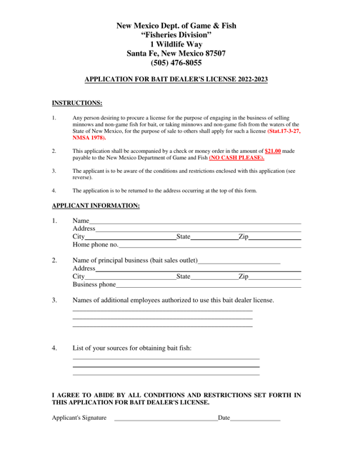 Application for Bait Dealer's License - New Mexico Download Pdf