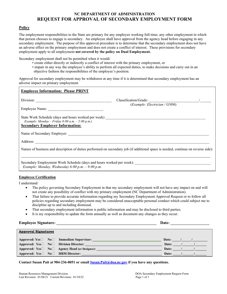 Request for Approval of Secondary Employment Form - North Carolina, Page 1