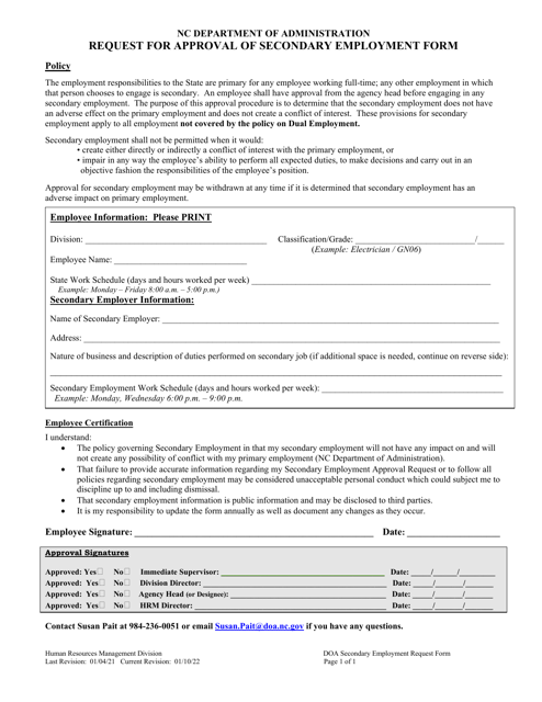 Request for Approval of Secondary Employment Form - North Carolina