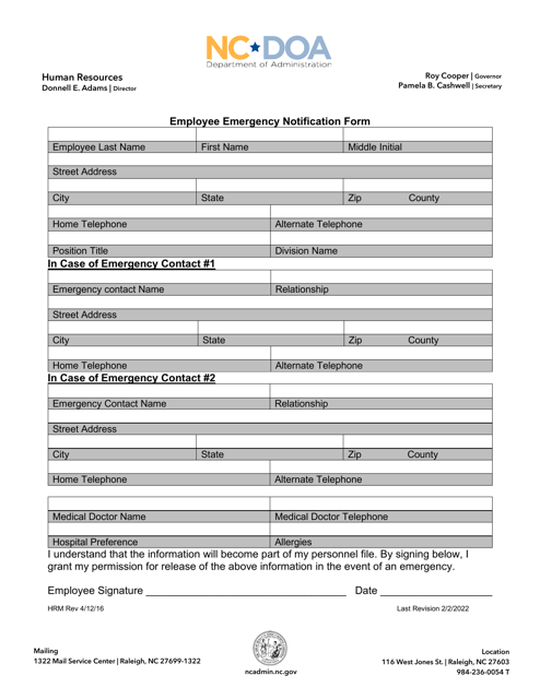 Employee Emergency Notification Form - North Carolina