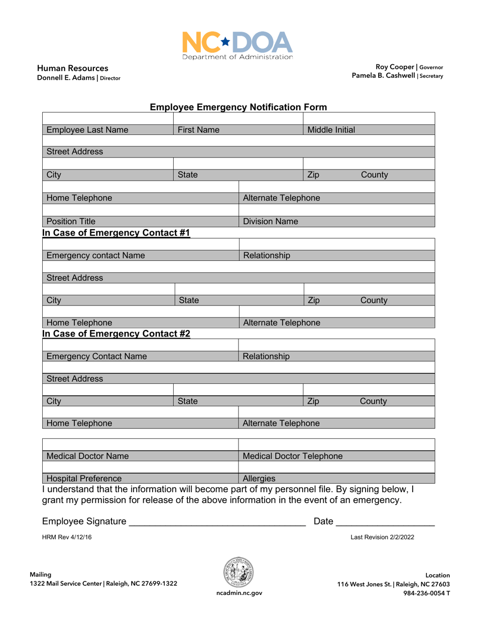 Employee Emergency Notification Form - North Carolina, Page 1