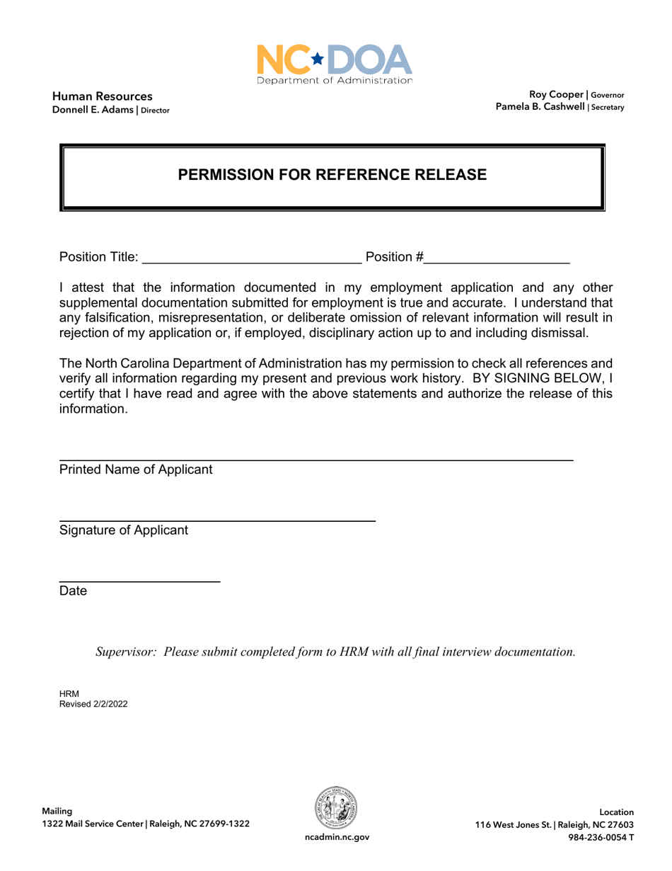 Permission for Reference Release - North Carolina, Page 1