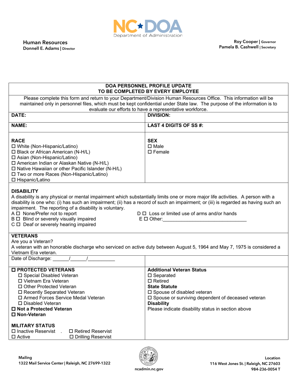 North Carolina Doa Personnel Profile Update - Fill Out, Sign Online and ...