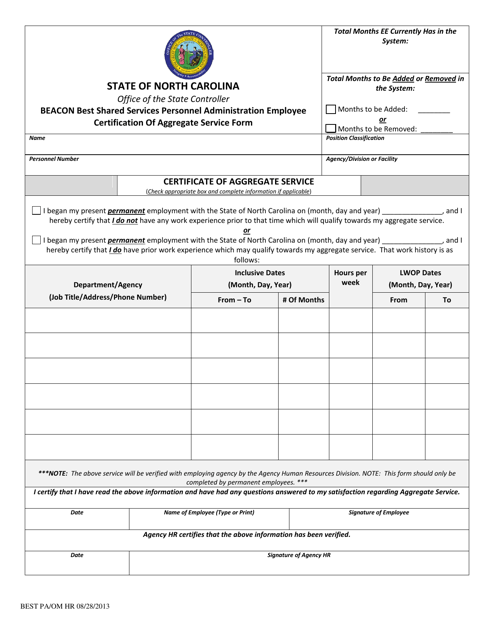 Beacon Best Shared Services Personnel Administration Employee Certification of Aggregate Service Form - North Carolina Download Pdf