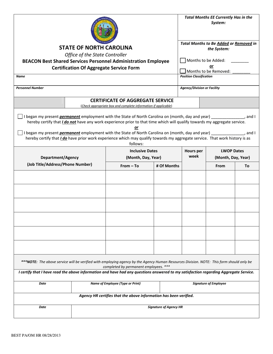 Beacon Best Shared Services Personnel Administration Employee Certification of Aggregate Service Form - North Carolina, Page 1