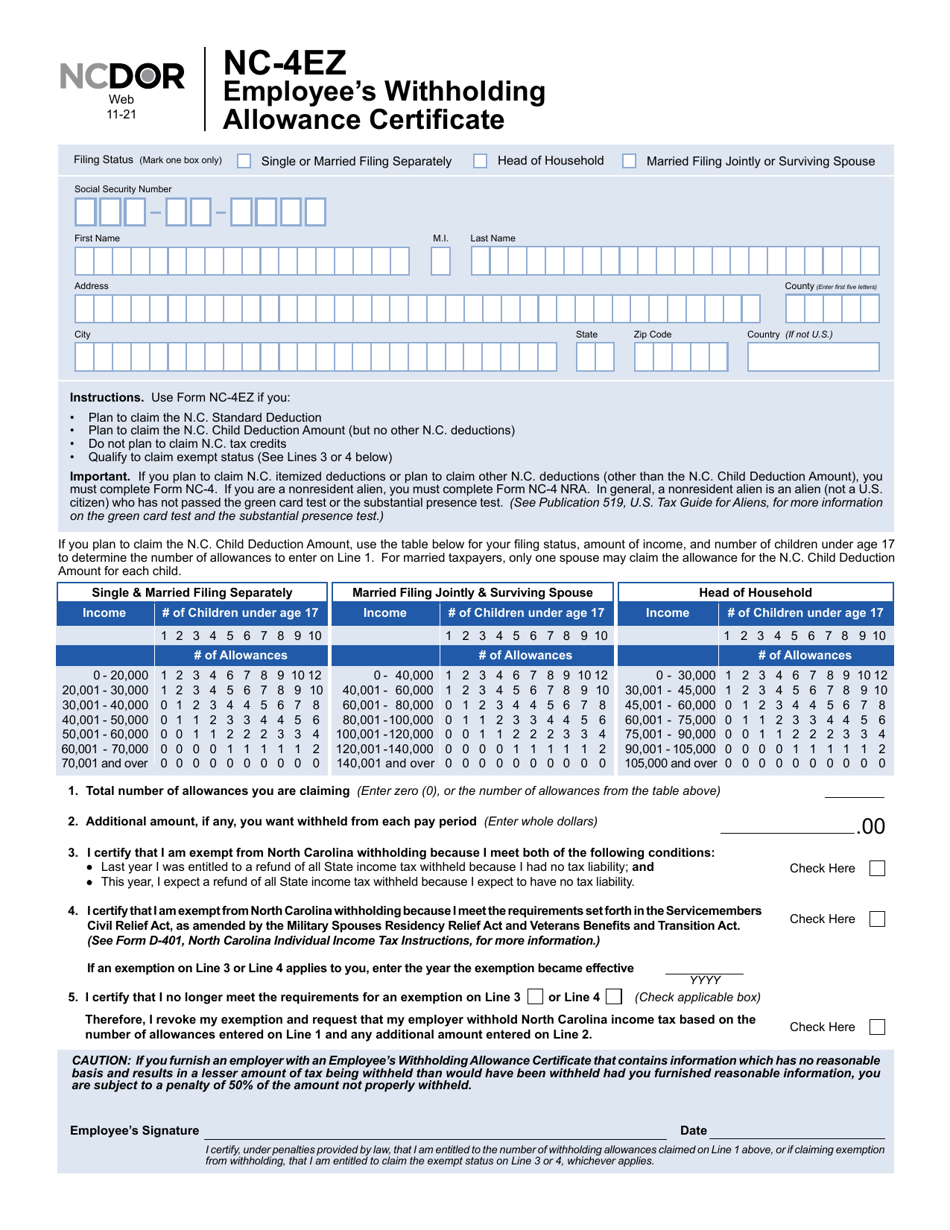 Form NC-4EZ Download Printable PDF Or Fill Online Employee's ...