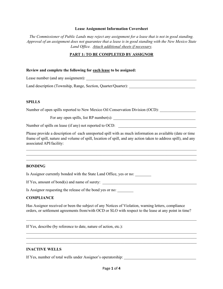 New Mexico Lease Assignment Information Coversheet Download Fillable