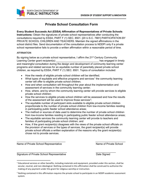 Private School Consultation Form - North Dakota Download Pdf