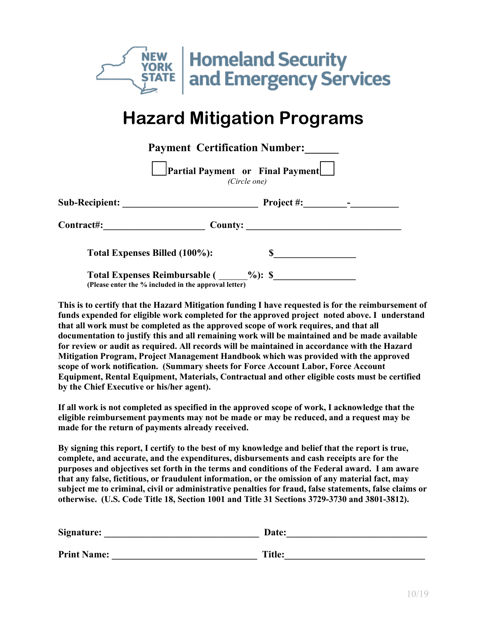 Payment Certification - Hazard Mitigation Programs - New York Download Pdf