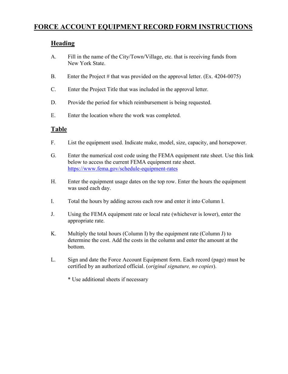 New York Force Account Equipment Record Form Fill Out, Sign Online
