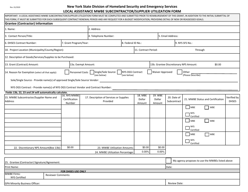 Local Assistance Mwbe Subcontractor/Supplier Utilization Form - New York