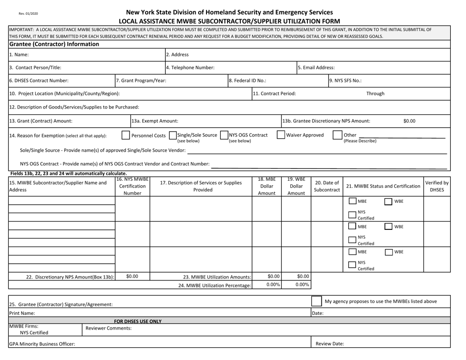 Local Assistance Mwbe Subcontractor / Supplier Utilization Form - New York, Page 1