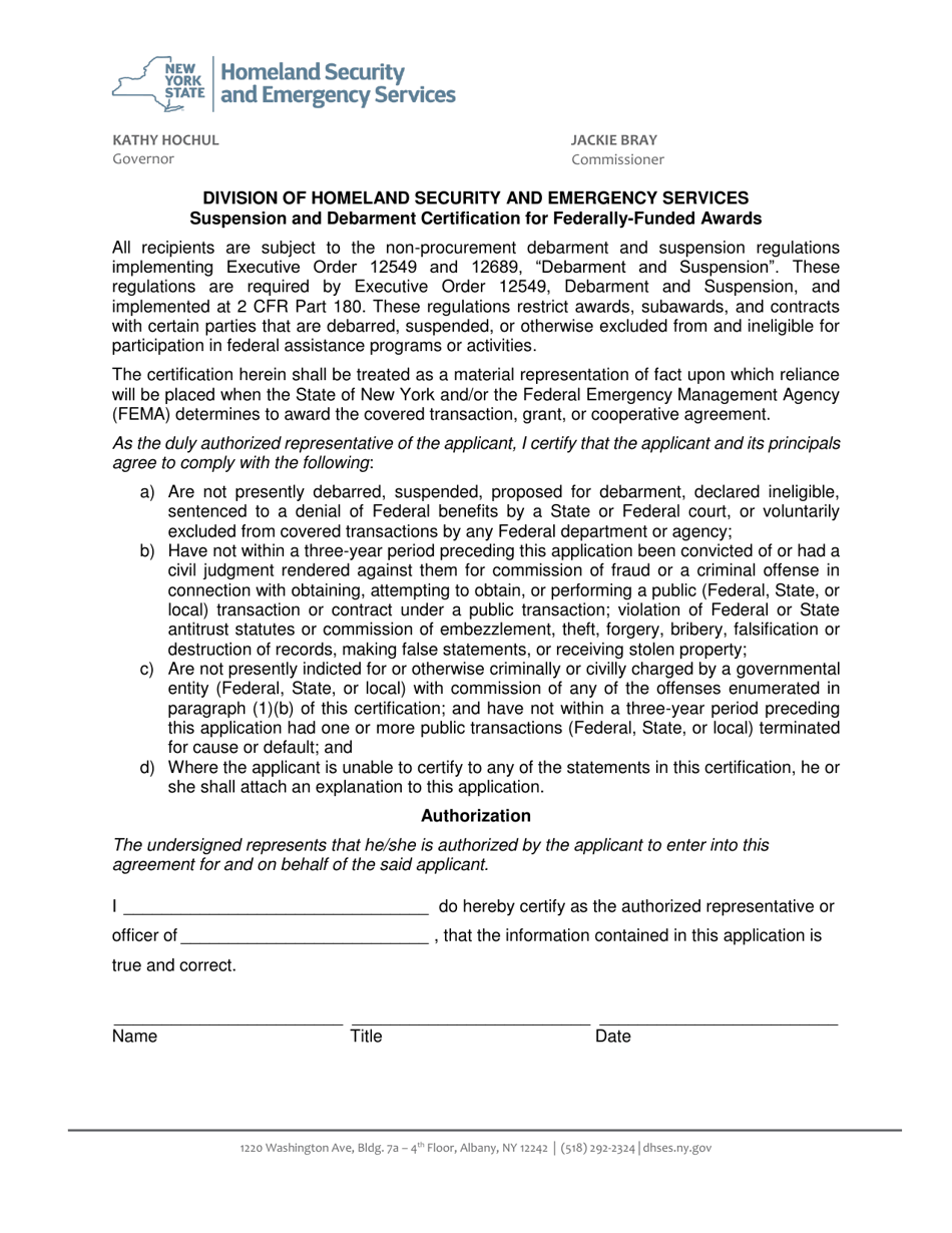 New York Suspension and Debarment Certification for FederallyFunded