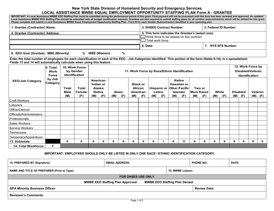 Form A Local Assistance Mwbe Equal Employment Opportunity Staffing Plan - Grantee - New York, Page 1