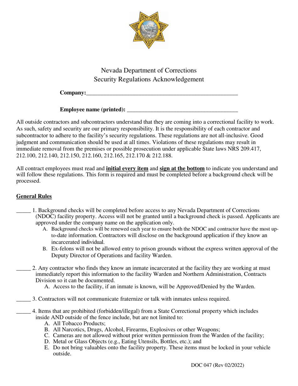 Form DOC047 Security Regulations Acknowledgement - Nevada, Page 1