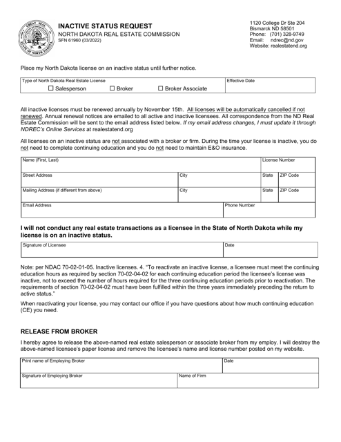 Form SFN61960 Inactive Status Request - North Dakota