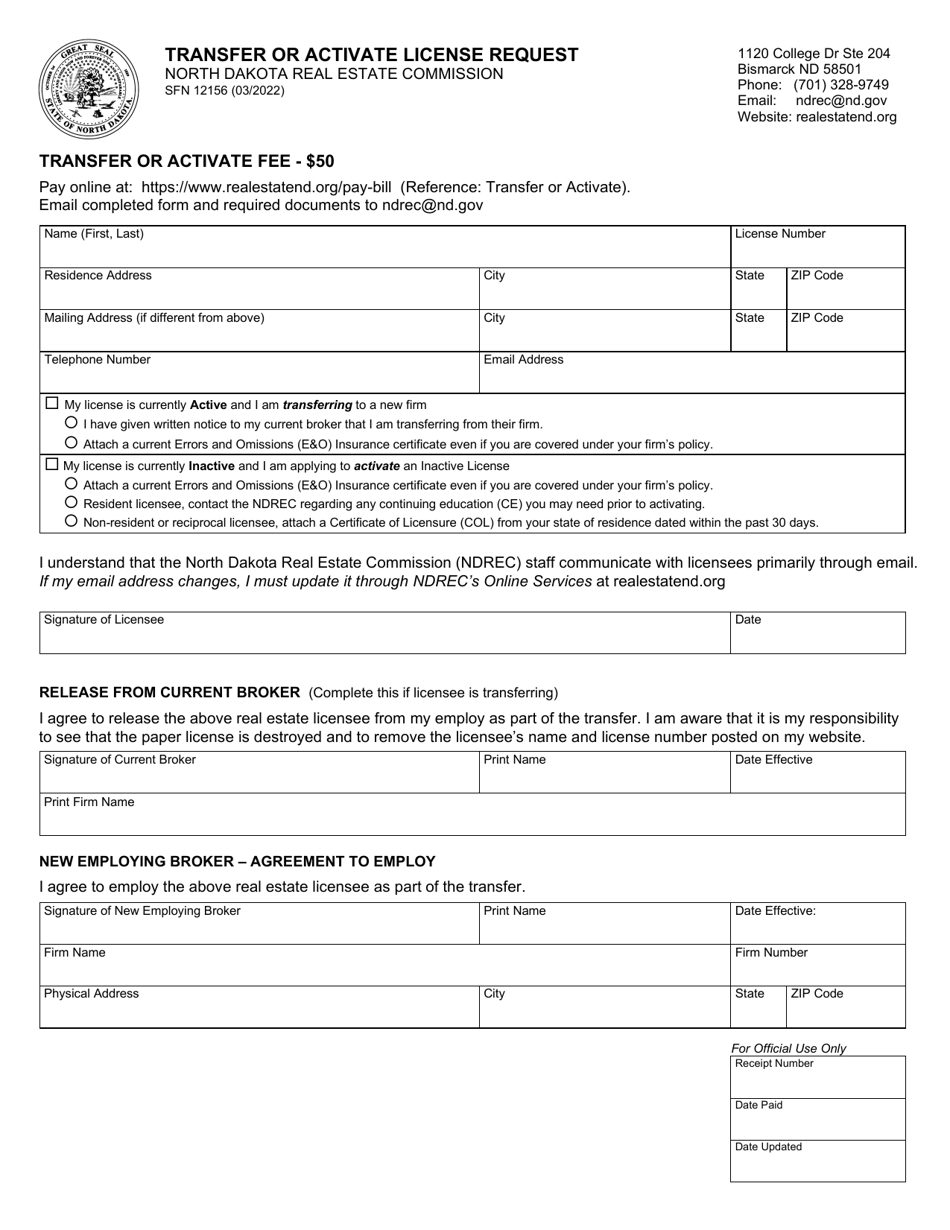Form SFN12156 Transfer or Activate License Request - North Dakota, Page 1