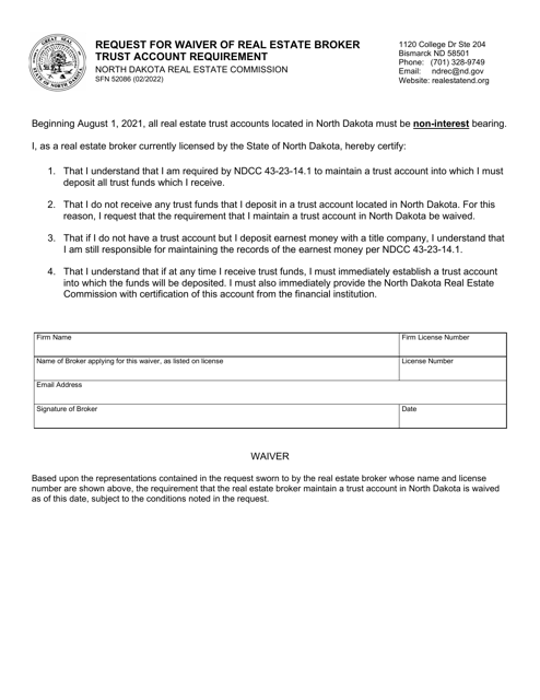 Form SFN52086 Request for Waiver of Real Estate Broker Trust Account Requirement - North Dakota