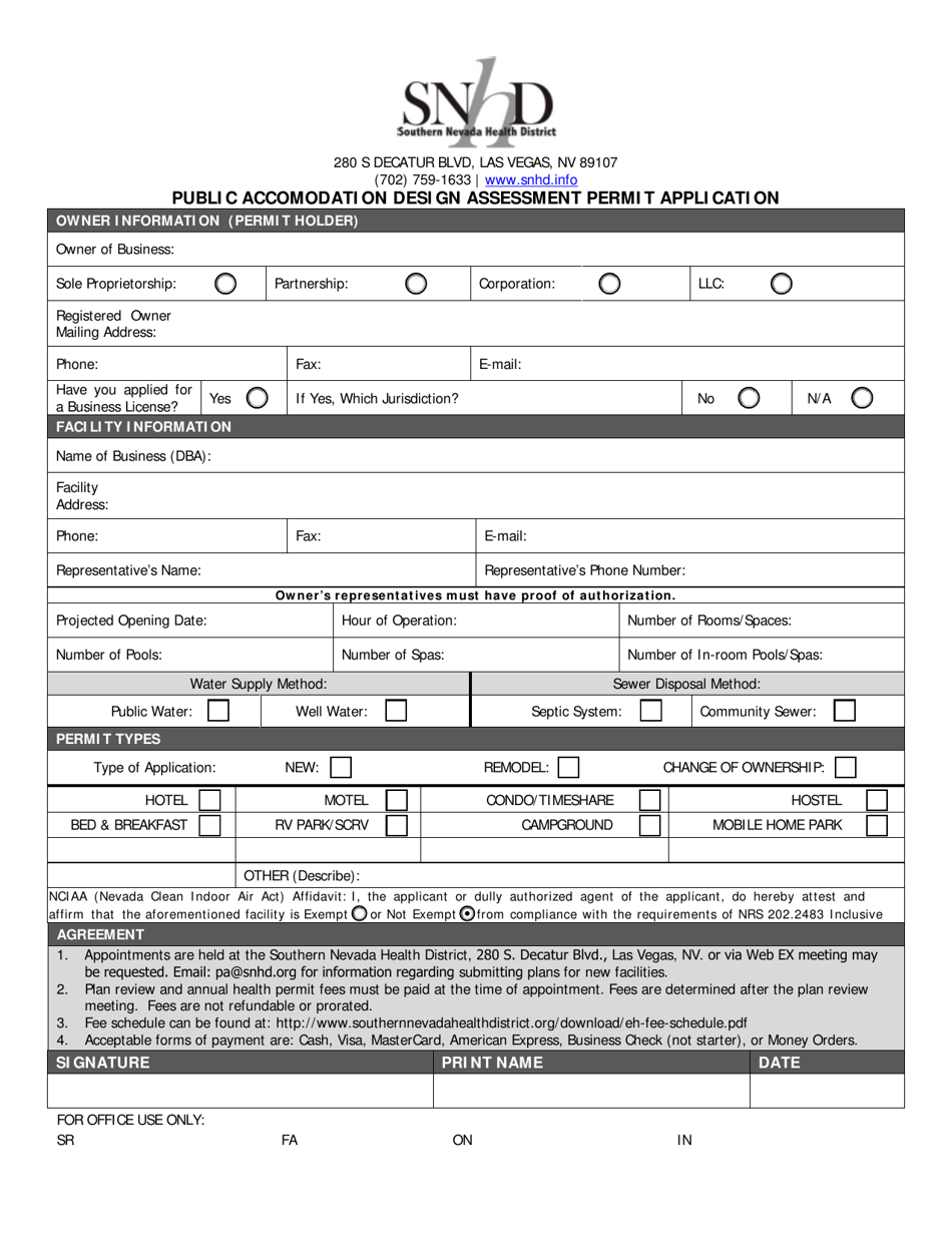 Public Accomodation Design Assessment Permit Application - Nevada, Page 1