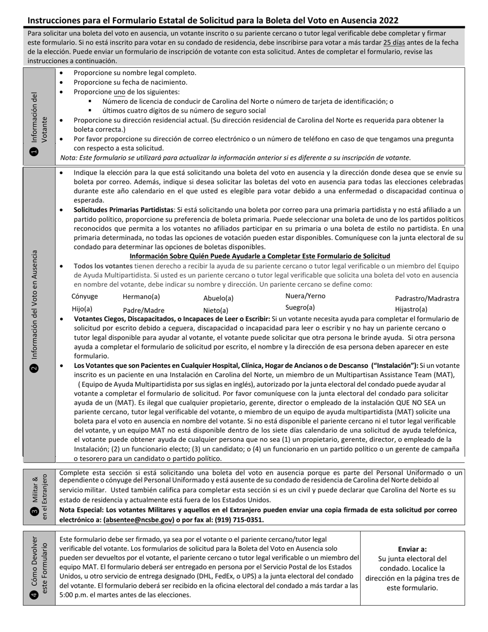 Formulario Estatal De Solicitud Para La Boleta Del Voto En Ausencia - North Carolina (Spanish), Page 1